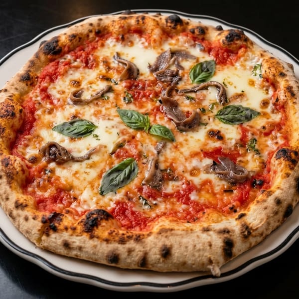 A whole pizza with tomato sauce, melted cheese, anchovies, and fresh basil on a white plate.