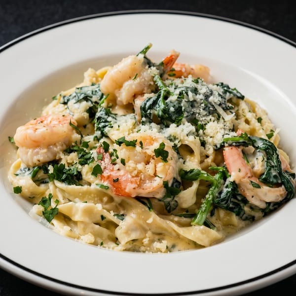 Creamy fettuccine pasta with shrimp, spinach, and grated Parmesan cheese in a white bowl.